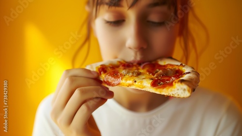 Photo of teenager enjoys delicious slice of pizza likes this taste closes eyes from pleasure has good appetite dressed in casual white shirt isolated over yellow background Hungry woma   Generative AI
