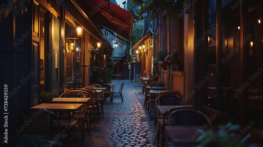 Night view of cozy street with tables of cafe in Paris France Architecture and landmarks of Paris Postcard of Paris : Generative AI