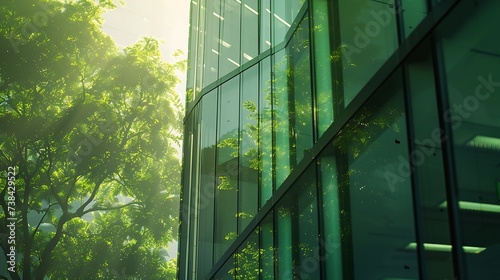 Sustainble green building. Eco-friendly building. Sustainable glass office building with tree for reducing carbon dioxide. Office with green environment. Corporate building reduce CO2. : Generative AI photo