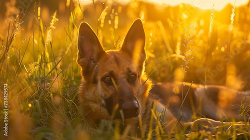 amazing portrait of young crossbreed dog (german shepherd) during sunset in grass : Generative AI © Generative AI