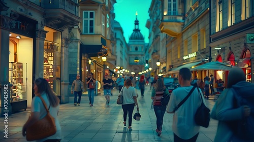 People walking in the Old city center of Vienna in Stephansplatz night timelapse Shops and restaurants around crowded place : Generative AI photo