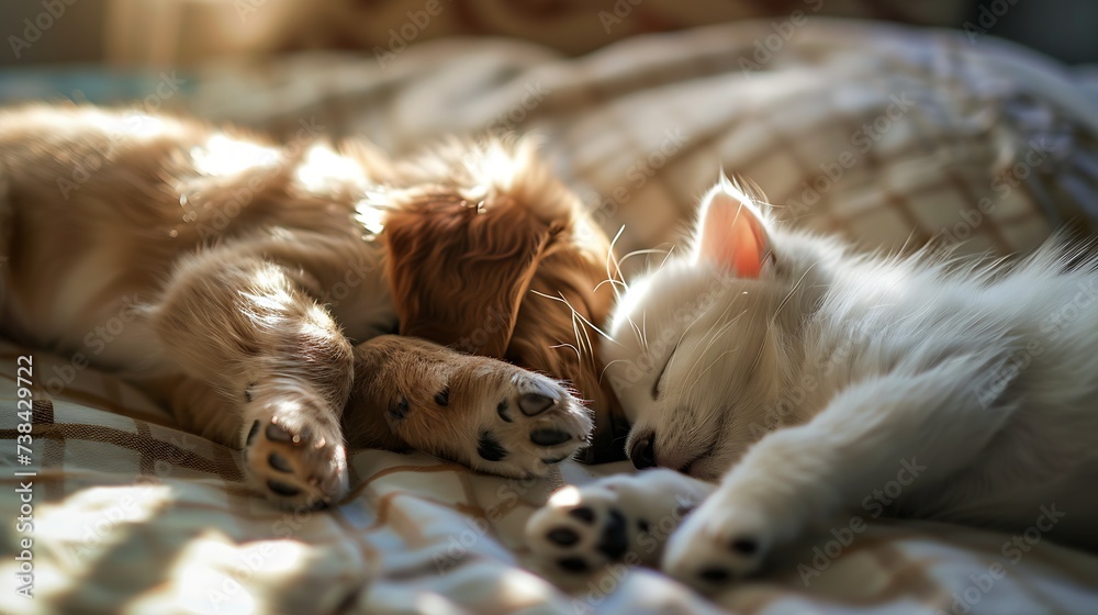 Obraz premium Cat and dog sleeping together. Kitten and puppy taking nap. Home pets. Animal care. Love and friendship. Domestic animals. : Generative AI