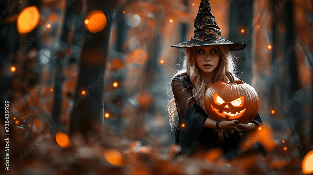 Halloween Witch girl with making witchcraft magic in her hands spells Beautiful young woman in witches hat conjuring Spooky dark magic forest background Magician Wide Halloween party a : Generative AI