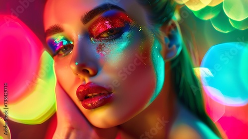 Fashion model woman in colorful bright lights posing portrait of beautiful sexy girl with trendy makeup Art design colorful make up Over colourful vivid background Night club dancer : Generative AI photo