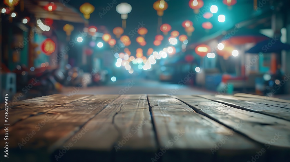 Empty wood table on blur night market background : Generative AI