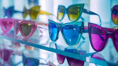 assorted color sunglasses sitting on an acrylic clear shelf in a retail store : Generative AI