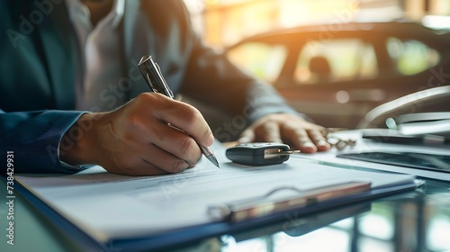Man signing car insurance document or lease paper. Writing signature on contract or agreement. Buying or selling new or used vehicle. Car keys on table. Warranty or guarantee. Customer : Generative AI