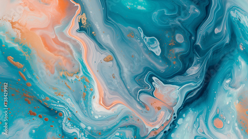 Abstract swirls of blue and orange in fluid art painting