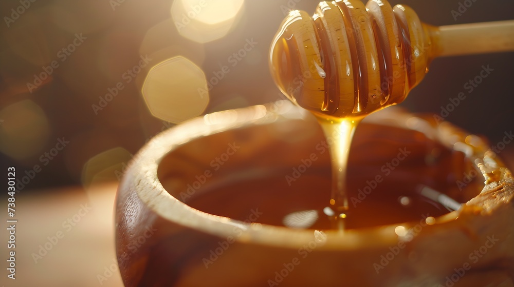 Honey dripping from honey dipper in wooden bowl Closeup Healthy organic Thick honey dipping from the wooden honey spoon closeup : Generative AI - obrazy, fototapety, plakaty 