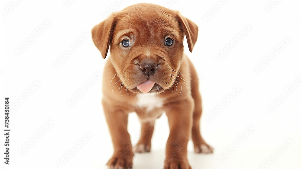 Funny head shot of cute red Cobberdog puppy, standing facing front. Looking curious towards camera. Isolated on white background. Tongue out. : Generative AI