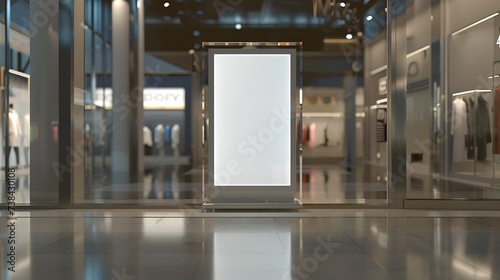 Mock up perspective blank vertical advertising signboard in acrylic frame on showcase with clipping path at fashion clothing shop in shopping mall empty space for insert Discount or pr : Generative AI