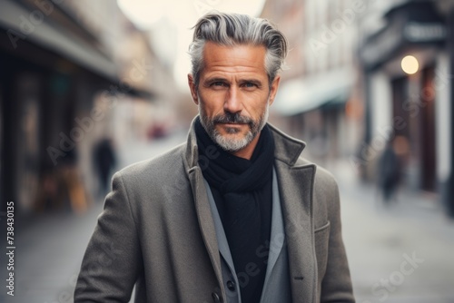 Portrait of a handsome middle-aged man in a coat and scarf on a city street. © Igor