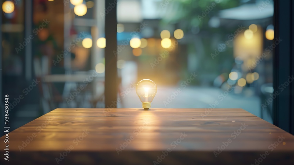 Wooden table top on blurred shop window of cafe with light bulb Background for product display montage or key visual design : Generative AI Wooden table top on blurred shop window of cafe with light bulb Background for product display montage or key visual design : Generative AI