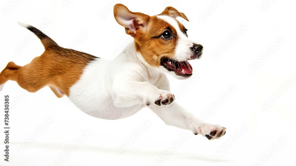 Portrait of cute playful puppy of Jack Russell Terrier in motion, jumping isolated over white studio background. Concept of motion, beauty, vet, breed, pets, animal life. Copy space fo : Generative AI