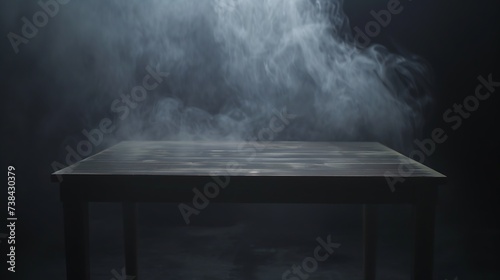 Empty wooden table with smoke float up on dark background perspective wooden floor shelf table used as a studio background wall to display your products : Generative AI