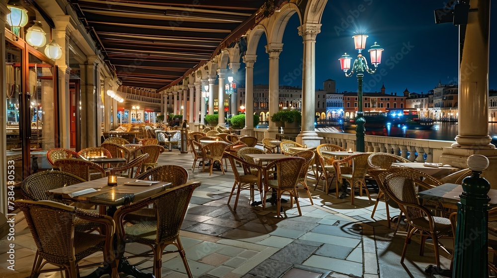 Night view of outdoor cafe at Doges Palace Piazza San Marco Venice Italy : Generative AI