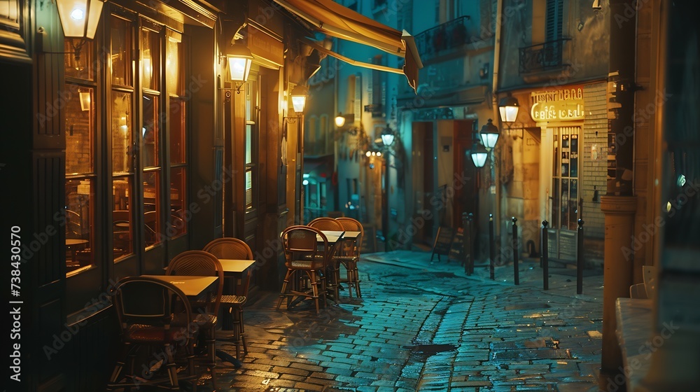 Cozy street with tables of cafe in Paris at night France Cityscape of Paris Architecture and landmarks of Paris : Generative AI - obrazy, fototapety, plakaty 