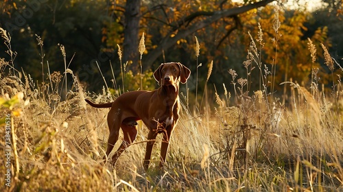 Hungarian hound pointer vizsla dog in autumn time in the field   Generative AI
