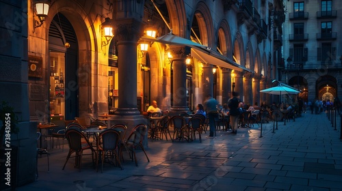 Outdoor restaurants at Placa Reial Barcelona Spain : Generative AI photo