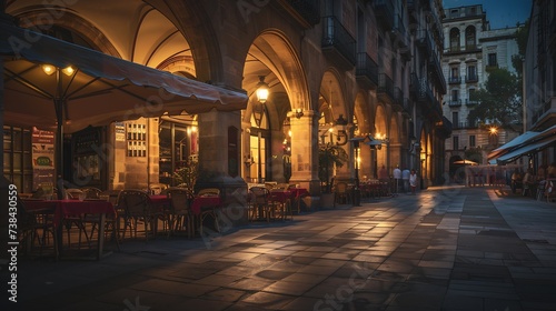 Street restaurants at Placa Reial in summer night Barcelona Spain : Generative AI