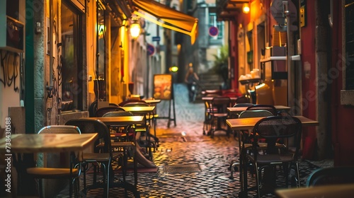 Night view of the narrow streets of Lisbon with cafe outdoors Portugal : Generative AI photo