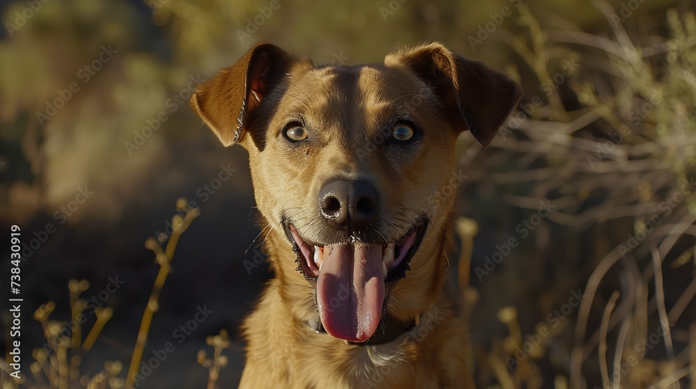 Brown mixed breed dog with tongue out and happy face in the mountains. Hiking with dog. : Generative AI