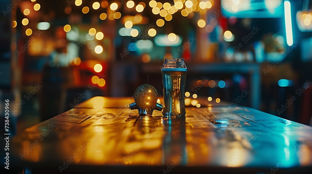 blur bokeh reflection light on table in pub or bar club and restaurant Christmas party and celebrate at dark night for display product in brown tone background : Generative AI