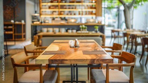 Wood table in blurry background of modern restaurant room or coffee shop with empty copy space on the table for product display mockup Interior restaurant counter design concept : Generative AI