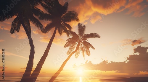 Sunset Beach with palm trees and beautiful sky landscape Travel Tourism vacation concept background Mexico Paradise scene of Caribbean Island Beautiful coconut palms silhouettes over o : Generative AI © Generative AI