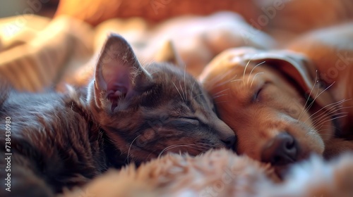 Cat and dog sleeping together. Kitten and puppy taking nap. Home pets. Animal care. Love and friendship. Domestic animals. : Generative AI