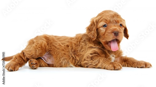 Adorable red / abricot Labradoodle dog puppy, laying down side ways, looking towards camera with shiny dark eyes. Isolated on white background. Mouth open showing pink tongue. : Generative AI photo