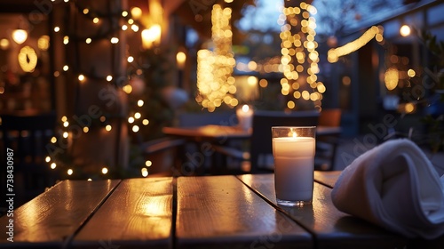 Lit up candle at an outdoor table of a restaurant in winter cosy atmosphere selective focus bokeh : Generative AI