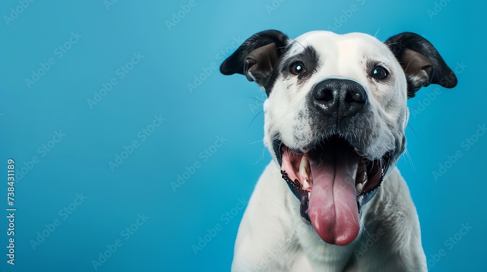 studio portrait of large white and black mixed breed dog with tongue sticking out against a blue background : Generative AI