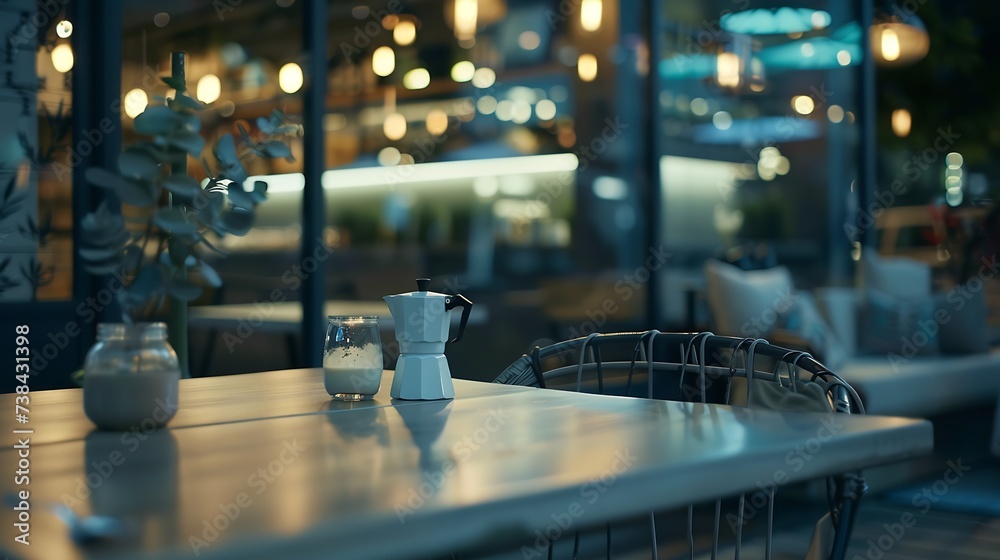 Blurred view of modern cafe with outdoor terrace at night : Generative AI Blurred view of modern cafe with outdoor terrace at night : Generative AI