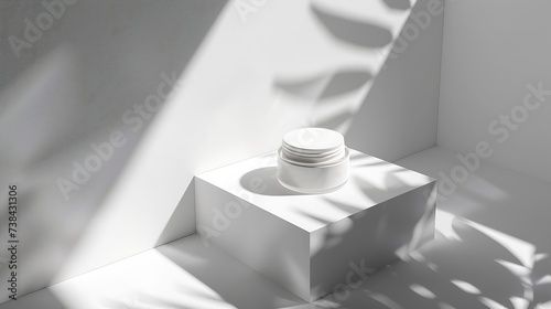 Cream lotion pot cosmetics showcase presentation mockup on white White creme cosmetic jar on acrylic geometric pedestal podium block beauty product packaging with shadows high angle vi : Generative AI photo