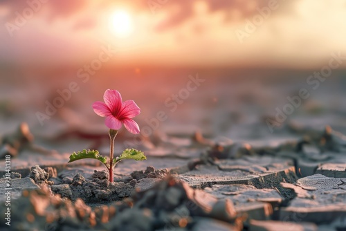 Pink flower on dry cracked ground with sunset background, selective focus.