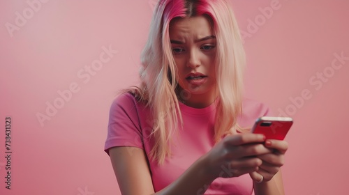 Blonde young female with pleasant appearance looks with terrified expression in smart phone reads shocking news on webpage isolated over pink background Woman indicates at digital tele : Generative AI