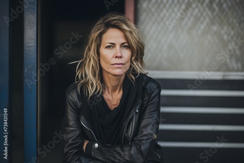 Portrait of a beautiful middle-aged woman in black leather jacket.