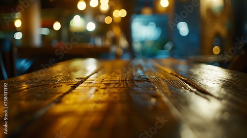 Wood table top with reflect on blur of lighting in night caferestaurant backgroundselective focus : Generative AI photo