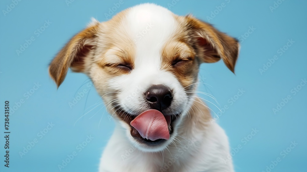 Hungry funny puppy dog licking its nose with tongue out and winking one eye closed. Isolated on blue colored background. : Generative AI Hungry funny puppy dog licking its nose with tongue out and winking one eye closed. Isolated on blue colored background. : Generative AI