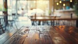 blurred cafe with empty wooden table for your product or montage : Generative AI