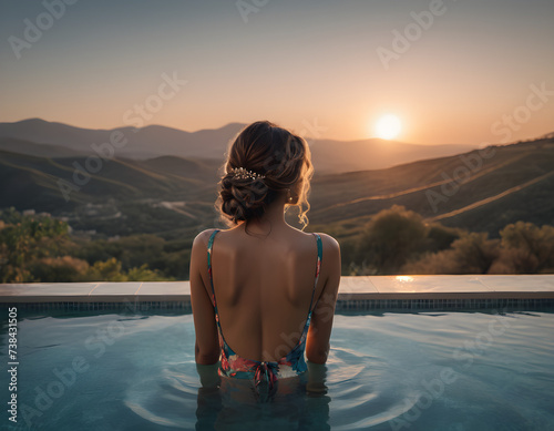 back view  a woman in a luxury pool overlooking a scenic landscape at sunset