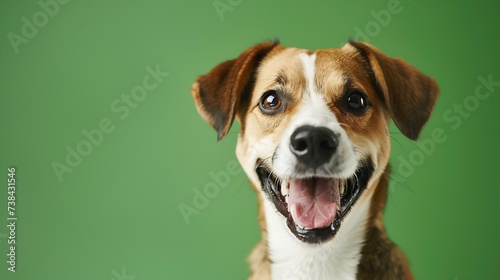 studio headshot portrait of brown white and black medium mixed breed dog smiling against a green background : Generative AI © Generative AI