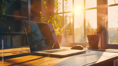 Office workplace with laptop on wood table against the windows. : Generative AI