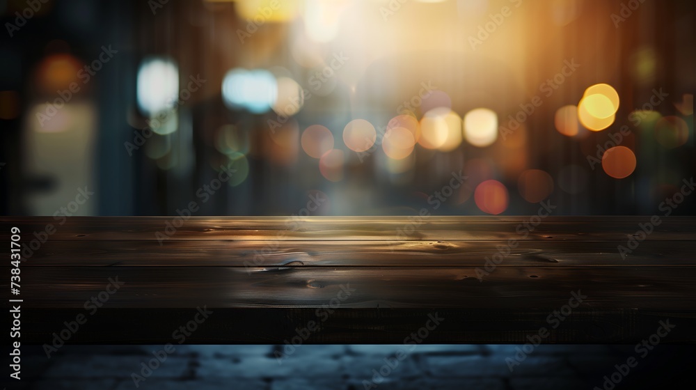 Empty dark wooden table in front of abstract blurred bokeh background of restaurant can be used for display or montage your productsMock up for space : Generative AI