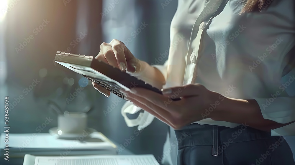 Business woman counting on calculator and holding documents in hands closeup. Bookkeeping concept : Generative AI