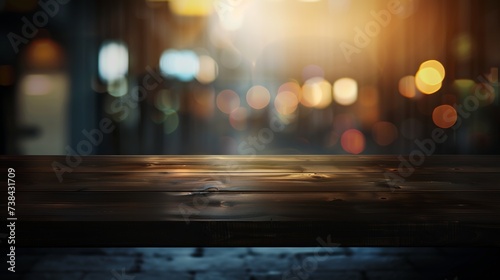 Empty dark wooden table in front of abstract blurred bokeh background of restaurant can be used for display or montage your productsMock up for space : Generative AI