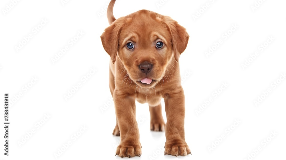 Funny head shot of cute red Cobberdog puppy, standing facing front. Looking curious towards camera. Isolated on white background. Tongue out. : Generative AI