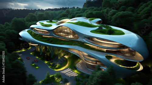 Futuristic sustainable complex office building for green economy and sustainability comeliness photo