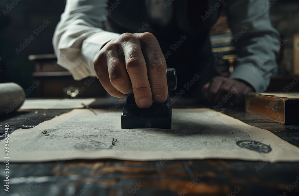 a business man pressing the stamp on the paperwork a business man pressing the stamp on the paperwork